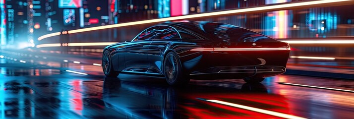 An electric Limousine Car driving through a futuristic city at night created with Generative AI Technology - obrazy, fototapety, plakaty