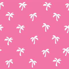Half-drop seamless repeat pattern with ditsy white palm tree silhouettes on hot pink. Girls, young men, boys, tropical beach, shirt print and more.