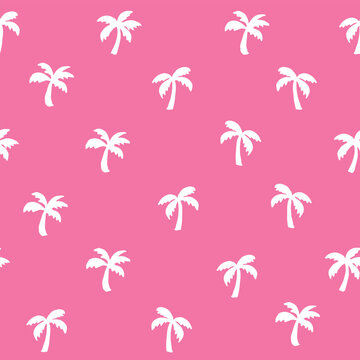 Half-drop seamless repeat pattern with ditsy white palm tree silhouettes on hot pink. Girls, young men, boys, tropical beach, shirt print and more.