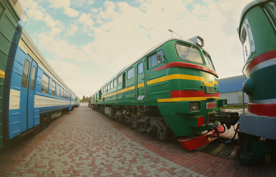 Photo of modern electric trains of Russian production. Strong distortion from the fisheye lens