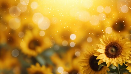 Golden Sunlight on Blooming Sunflowers with Sparkling Bokeh, Horizontal Poster or Sign with Open Empty Copy Space for Text
