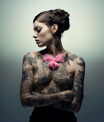 Tattooed woman who has undergone mastectomy and breast cancer treatment poses, offering support to women currently fighting the same life battle.  - obrazy, fototapety, plakaty