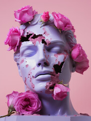 Cracked statue with flowers.Minimal creative art and nature concept.Copy space,top view.Generative AI
