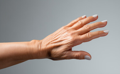 Hand of an elderly woman on light gray background. An open hand.