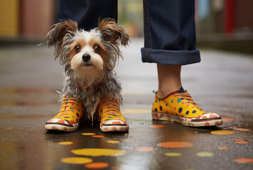 Dog  wearing  sneakers.Minimal creative fashion and nature concept.Generative AI