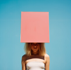 woman holding a box on her headMinimal creative advertise concept..Copy space,ant perspective,generative Ai