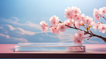 Empty Glass Podium with Sakura branches of blossoming against nature background. Made of natural scene for advertising, banner or product presentation organic cosmetic and food. Generative AI