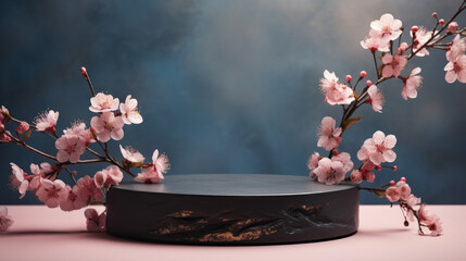 Empty Rock Podium with Sakura branches of blossoming against nature background. Made of natural scene for advertising, banner or product presentation organic cosmetic and food. Generative AI