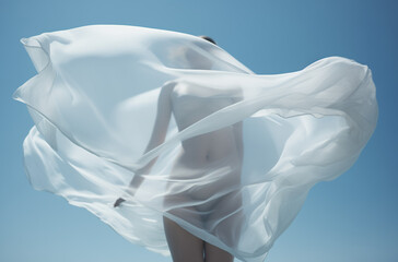 Artistic nude covered with white fabric.Minimal creative art and fashion concept.Copy space.Generative AI