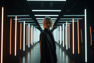 Fototapeta premium a woman in a hallway in front of neon and fluorescent lights.Minimal creative party and fashion concept.Copy space,top view.Generative AI