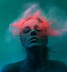 woman with red smoke and pollutants around her face.Minimal creative air polution and smoking concept.Copy space,generative Ai