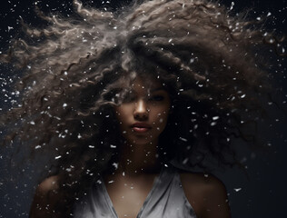Obraz premium Portrait of a woman with messy, dandruff-filled hair.Minimlal creative shampoo and hair cosmetic advertise concept.Copy space,top view.Generative Ai
