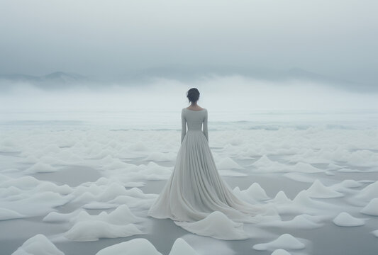 Bride in the sea amidst the foam of wave.Minimal creative wedding and fashion concept.Copy space.Generative AI