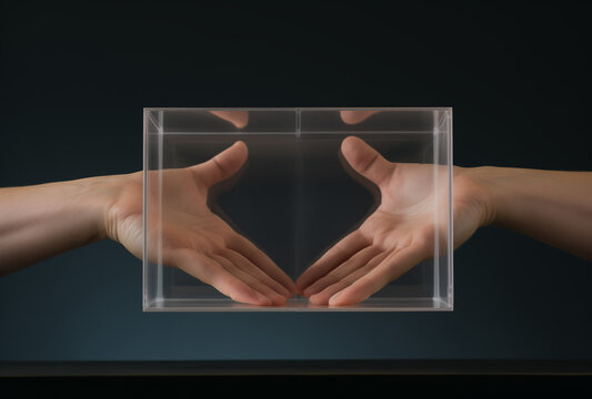Two men are shaking hands  from inside a ballot box.Minimal creative political concept.Top view,copy space.Generative AI