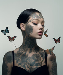 portrait of a woman with butterfliess and tattoos.Minimal creative nature concept.Copy space,top view.Generative AI