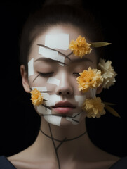 woman with flowers adhered with bandages on her face.Minimal creative nature concept.Top view,copy space.Generative Ai