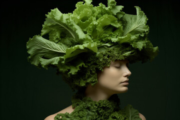 Girl with a lettuce on her head.Minimal creative fashion and nature concept.Top view,copy space.Generative AI