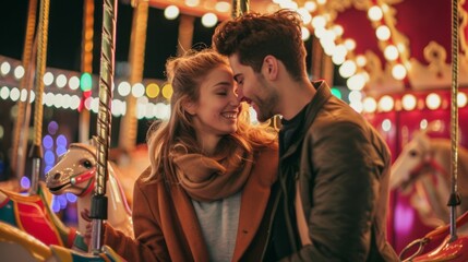 Obraz premium cute young beautiful couple guy and girl riding on merry go round carousel horses together in an amusement park in the dark evening night having romantic and fun. wallpaper background 16:9