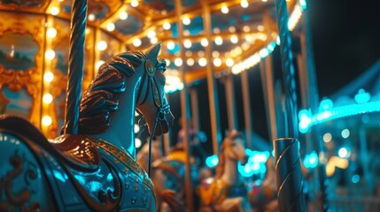 merry go round carousel in an amusement park in the dark evening night. blurry wallpaper background 16:9 - obrazy, fototapety, plakaty