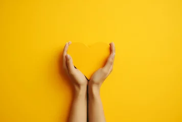 Foto op Plexiglas heart in hands.Minimal creative emotional valentines concept.Copy space,top view,flat lay.Generative AI © sunaiart