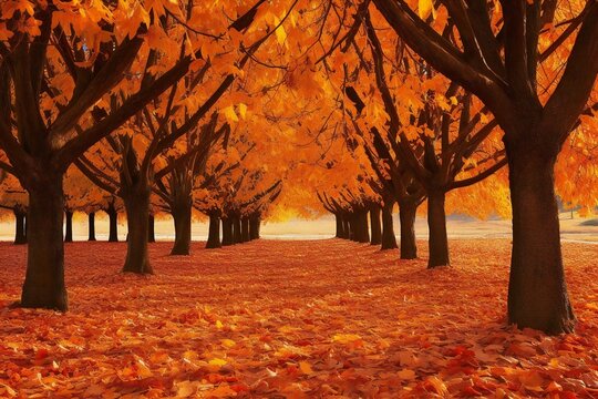 Autumn trees in a park with fallen leaves