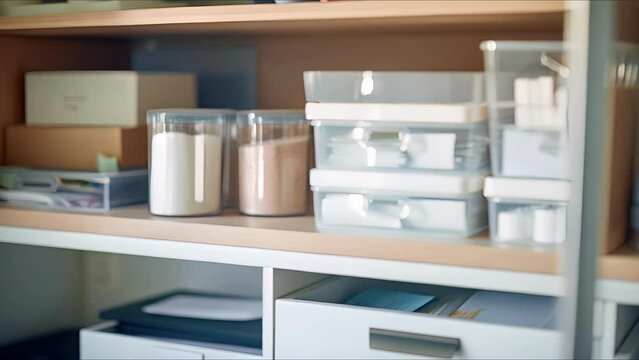 Closeup of a slim storage cabinet with labeled drawers and shelves holding office supplies in a tiny house workspace.