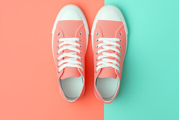 A pair  of light and simple women's sneakers on a pastel background.Flat lay,top view,copy space.Generative AI