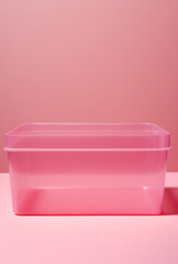 pink plastic container.Minimal neatness concept.Copy space,top view.Generative Ai