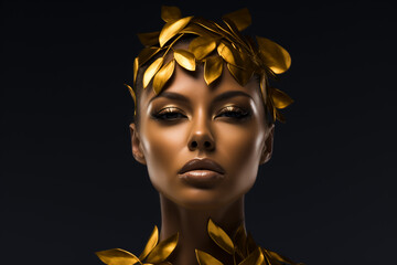 Woman with golden makeup and golden leaves.Minimal creative fashion,nature and make up concept.Copy space,top view.Generative AI