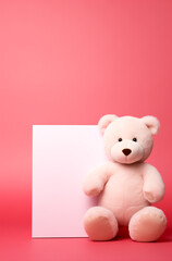 .Teddy bear with blank card.Minimal creative toy and advertise concept.Top view,copy space,.Generative AI