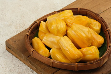 Ripe jackfruit peeled or buah nangka ,tropical fruit on white background