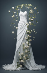 Hanger made of steams and flowers with wedding  dress floating .Minimal creative fashion and nature concept.Copy space,top view.Generative AI