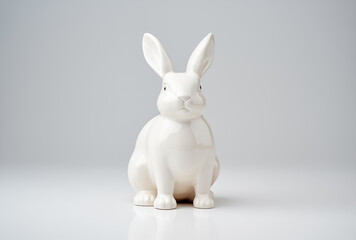 Porcelain white rabbit on white background.Minimal creative art concept.Copy space,top view.Generative AI
