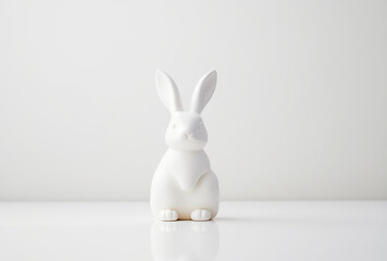 Porcelain white rabbit on white background.Minimal creative art concept.Copy space,top view.Generative AI