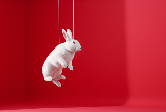 White rabbit hangs .Minimal creative nature  concept.Copy space,top view,flat lay.Generative Ai