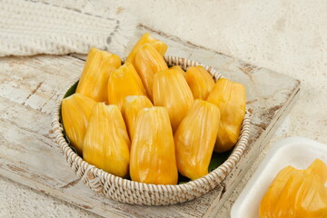 Ripe jackfruit peeled or buah nangka ,tropical fruit on white background