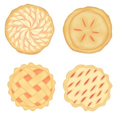 set of different cakes or pies illustration isolated on white background. Realistic design for food, pastry, cake, cookies, and bakery symbol or icon.