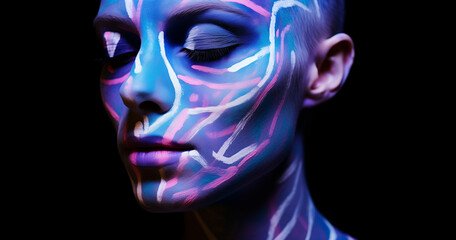 Portrait of a person with a face painted in neon colors.Minimal creative make up concept.Copy space,top view.Generative AI