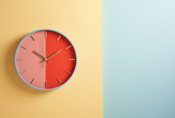 Two-tone wall clock on a two-tone background.Minimal creative interior concept.Flat lay,top view,copy space.Generative AI