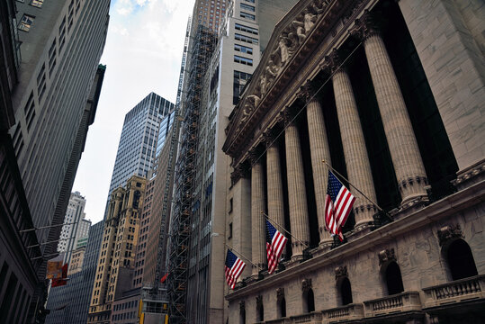 The Facade of New York Stock Exchange Building on Broad Street in Manhattan Financial District
