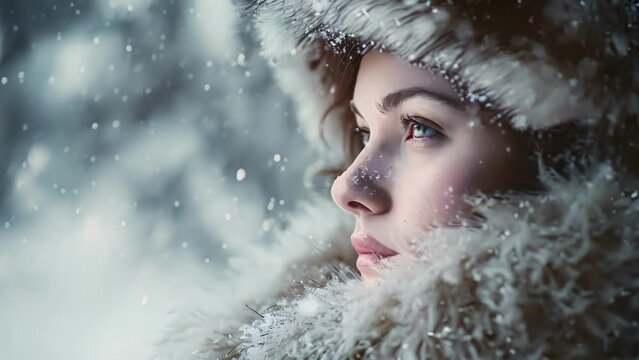 A portrait of a woman with a snowwhite faux fur coat, her face lit up by the soft glow of illuminated snowfall, giving her an ethereal and otherworldly look.
