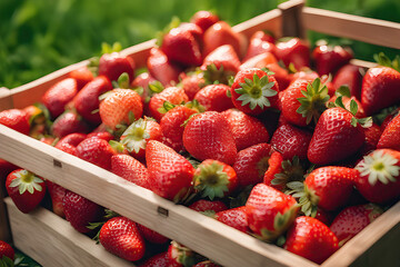 Pile of Fresh Strawberries in a Wooden Crate