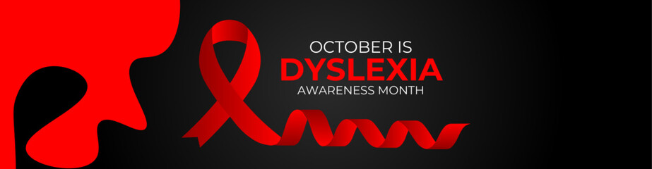 Dyslexia awareness month. Vector banner, poster, cover, flyer, brochure, website, landing page, backdrop, background, card, content for social media. Text and ribbon on white background. - obrazy, fototapety, plakaty