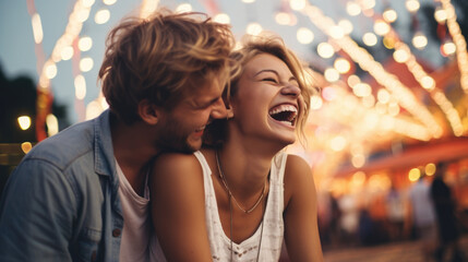 A young couple laughing together at a lively fair. Generative AI.