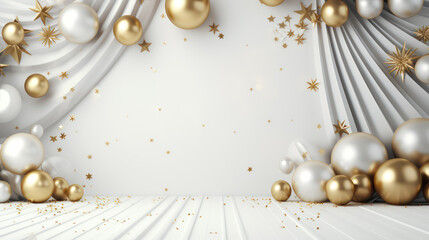 Obraz premium Luxurious backdrop curtain with balloons, arrangements and decor. Photo-wall decoration for celebrate, wedding, birthday, holiday party. Beautiful decorative celebration concept. Generative AI
