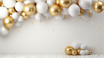 Obraz na płótnie Canvas Luxurious backdrop room with balloons, arrangements and decor. Photo-wall decoration for celebrate, wedding, birthday, holiday party. Beautiful decorative celebration concept. Generative AI