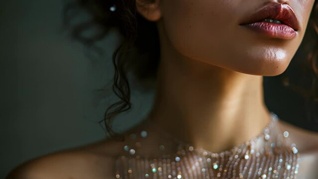 A closeup portrait of a woman with a crystalembellished collarbone, mimicking the stunning effect of a crystal cascade flowing down her neck.