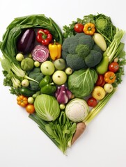 Heart shaped vegetables and fruits on white background. Generative AI.