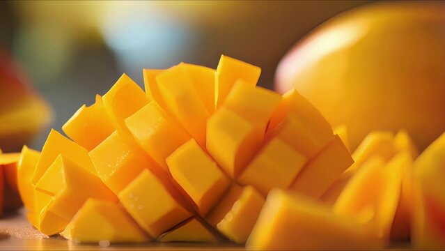 Closeup of a ripe mango being peeled and sliced into cubes.