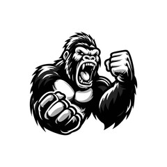 Vector logo of a raging gorilla doing a fist punch. Professional logo of a mad kong. Black and white logo of an ape isolated on a white background.